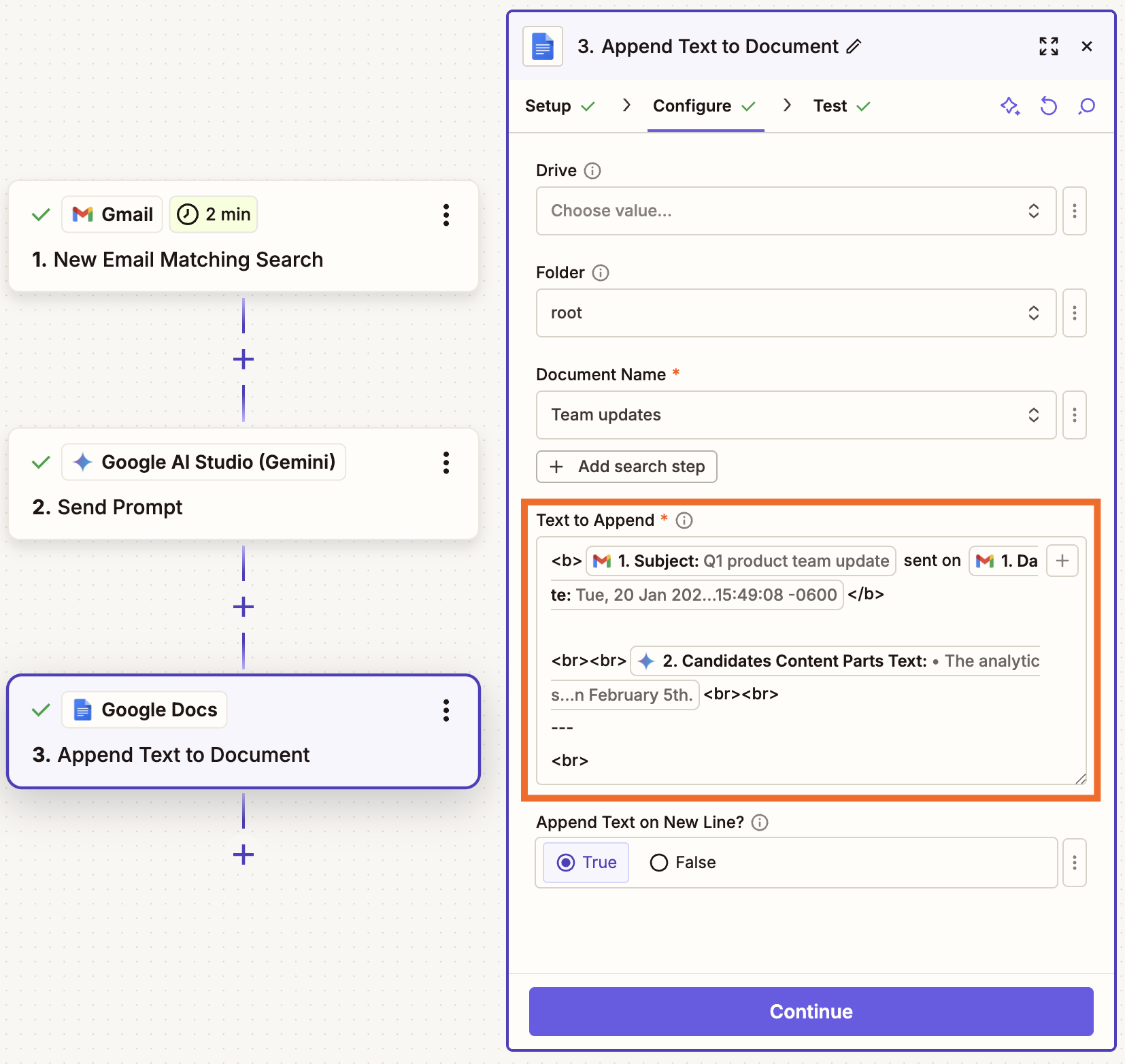 Google Docs(텍스트 추가) 작업 단계 "추가할 텍스트" 필드가 채워지고 강조표시됨