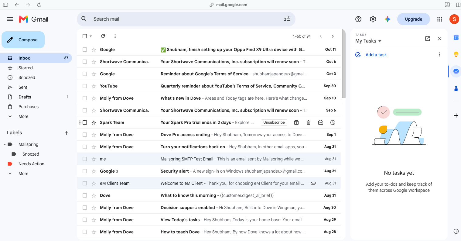 Gmail web app with Tasks in the right sidebar