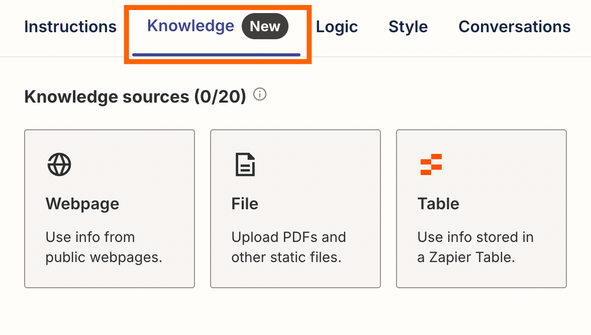 Screenshot of knowledge sources