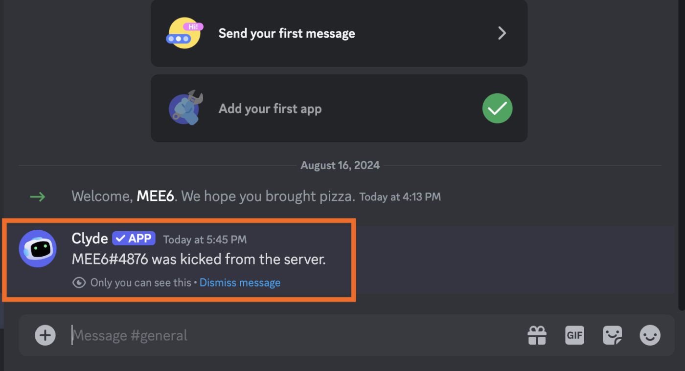 Screenshot showing that a bot has been kicked from the server