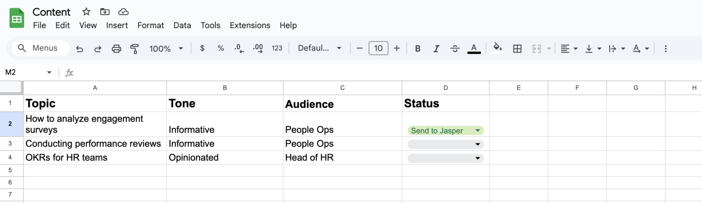 Screenshot of a spreadsheet with blog ideas