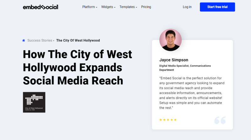 An example of a success story on EmbedSocial's website