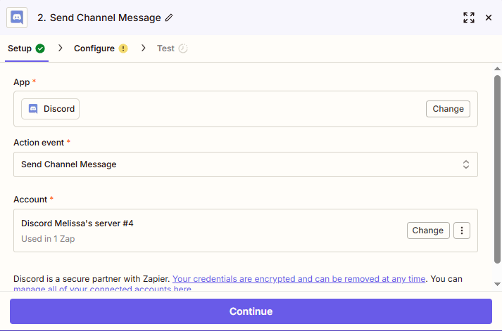 An action step with Discord selected for the action app and Send Channel Message selected for the action event.