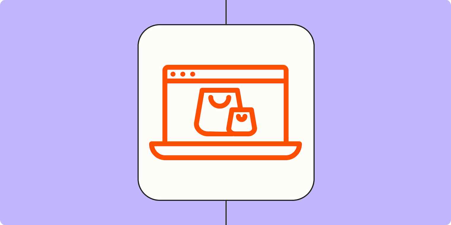 A ecommerce or purchases hero image of two shopping bags on a laptop screen on a light purple background.