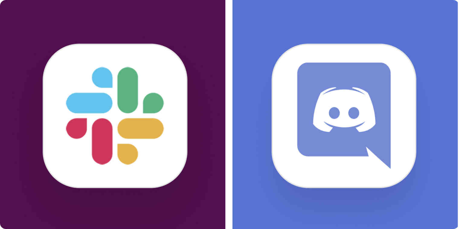 Hero image with the Slack logo on a dark purple background and the Discord logo on a light purple background