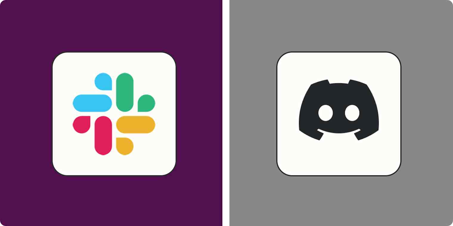 Hero image with the Slack logo on a dark purple background and the Discord logo on a light purple background