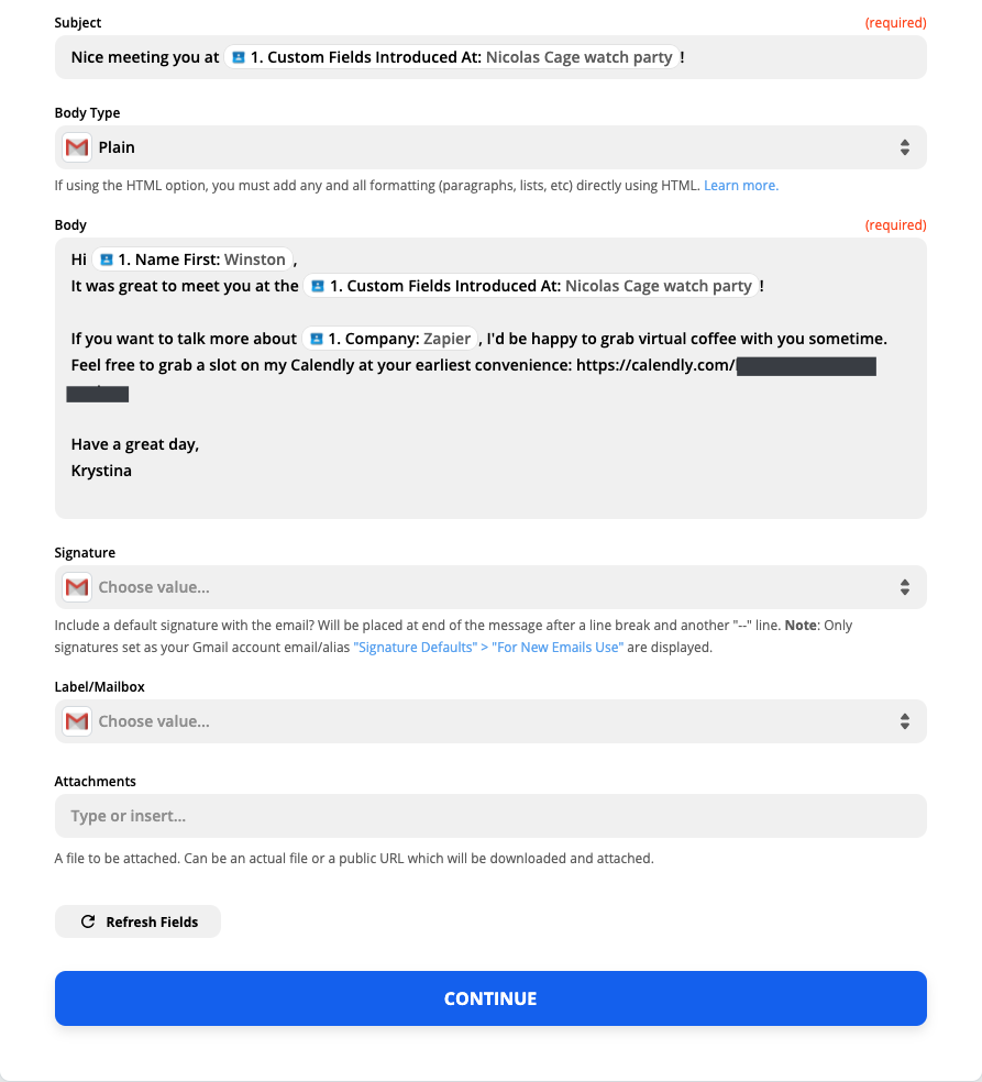 A screenshot of the Zap Editor with a customized email.