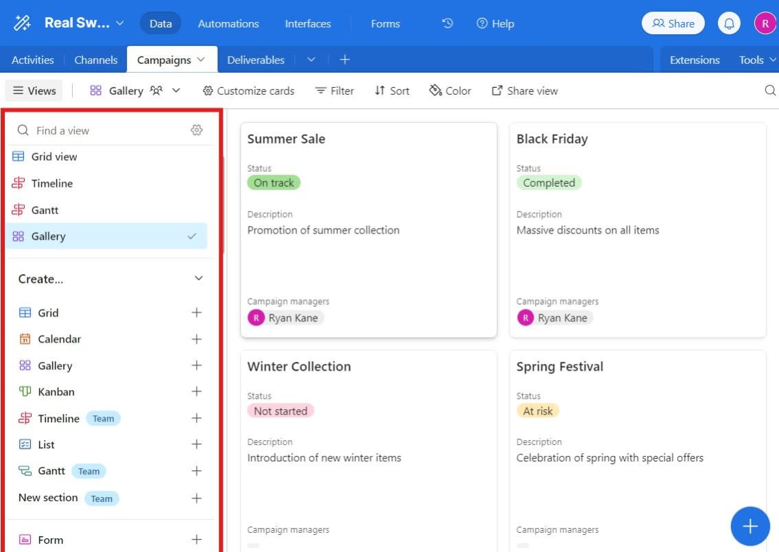 The sidebar of Airtable, showing all the different view types