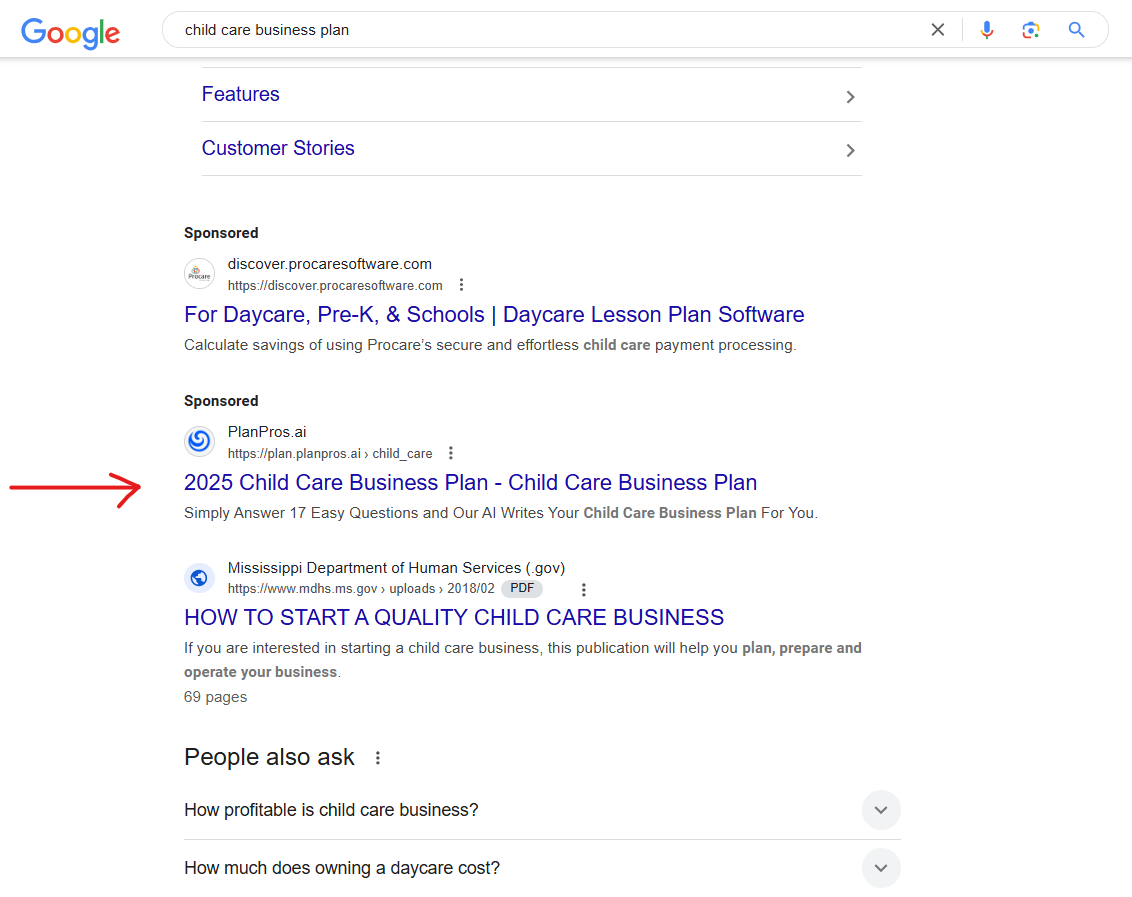 List of sponsored Google Ads displayed on Google Search with an arrow pointing to a top ad with the current year in the headline. 