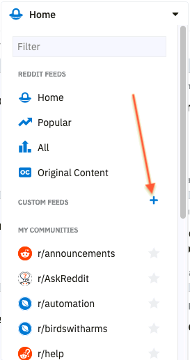 Plus sign button to add a new custom feed