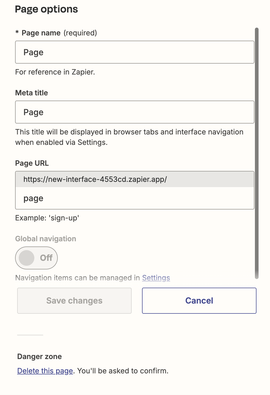 Screenshot of page options settings