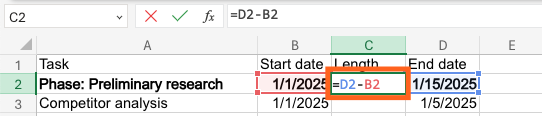 Screenshot of a portion of the Excel sheet showing how to input a formula in the length column