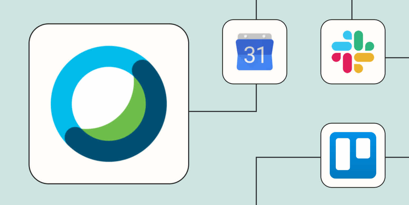 The Webex Cisco Meetings logo connected to logos for Google Calendar, Slack, and Trello against a light blue background.