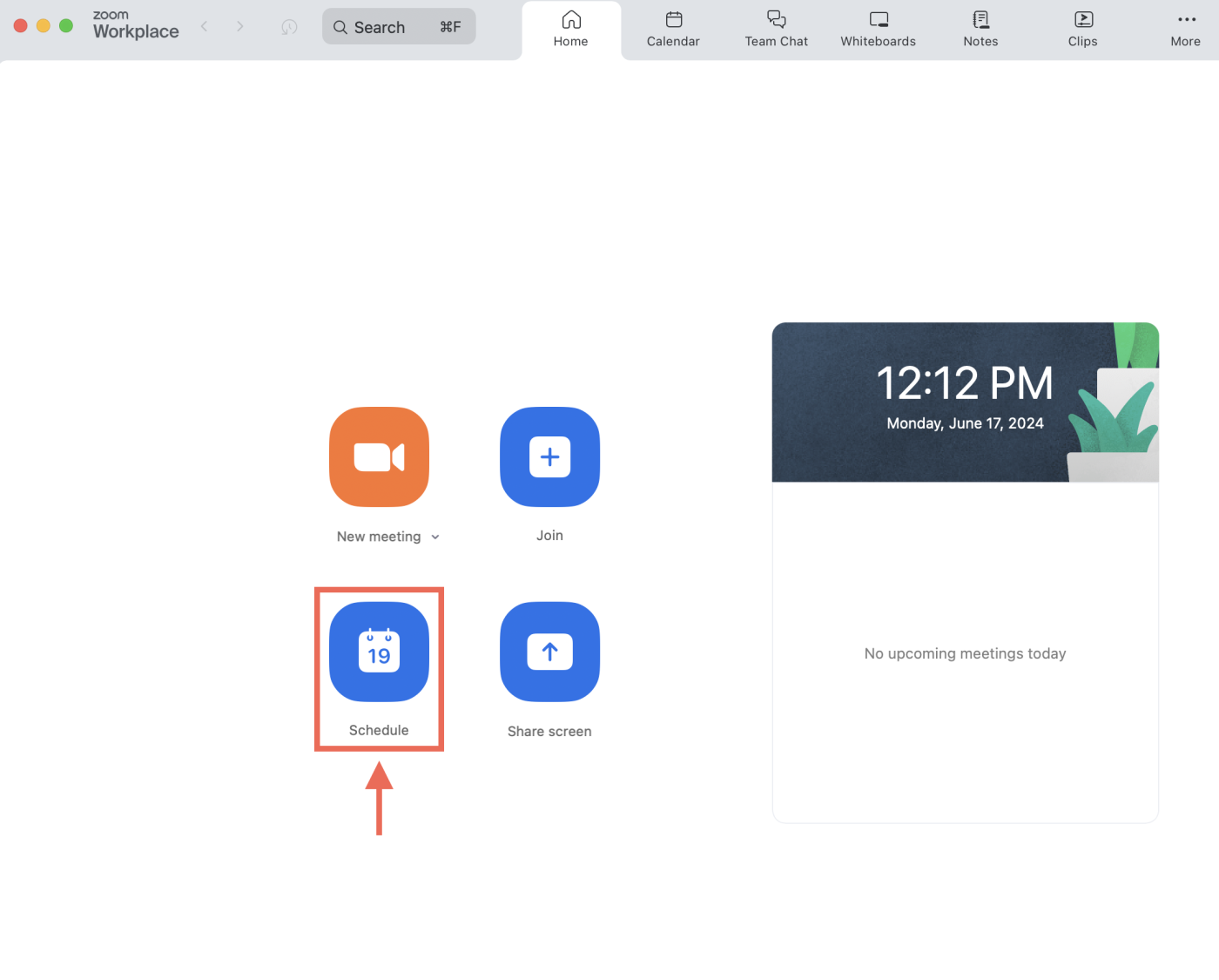 Screenshot of Zoom homepage with arrow pointing to the "Schedule" button in the bottom left portion of the screen. 