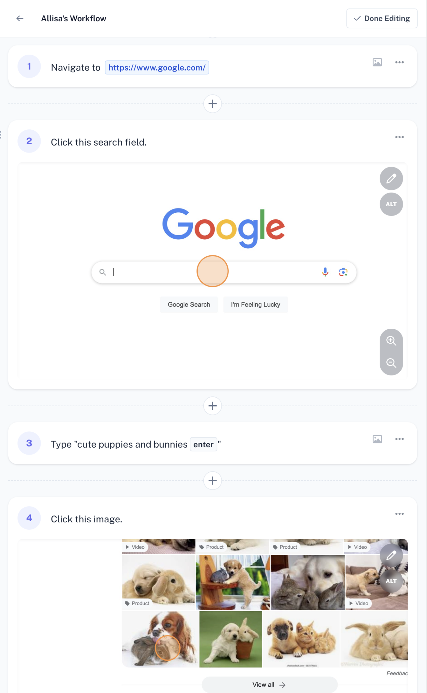Screenshot of how a user can capture an online task with Scribe, showing how to navigate to Google and search for cute pictures of bunnies and puppies with step-by-step instructions