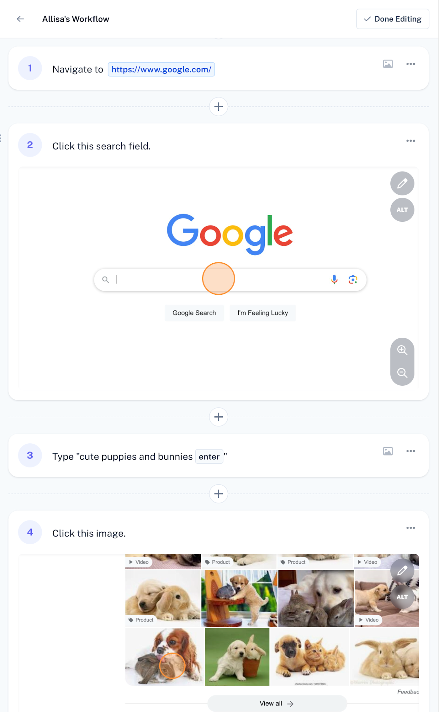 Screenshot of how a user can capture an online task with Scribe, showing how to navigate to Google and search for cute pictures of bunnies and puppies with step-by-step instructions