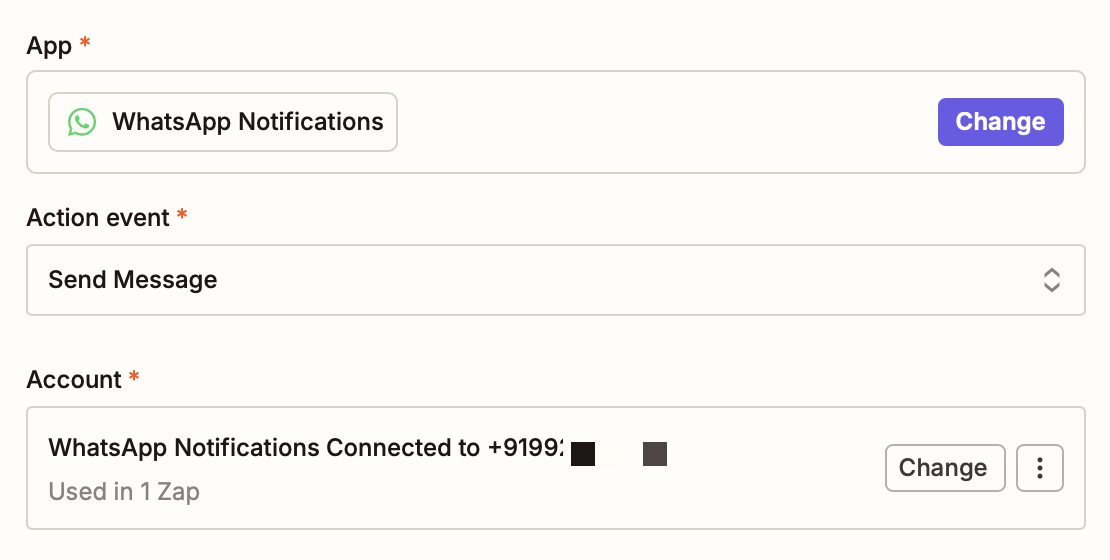 A window with fields for "App," "Action event," and "Account," showing that Zapier is now connected to a specific WhatsApp Notifications account.