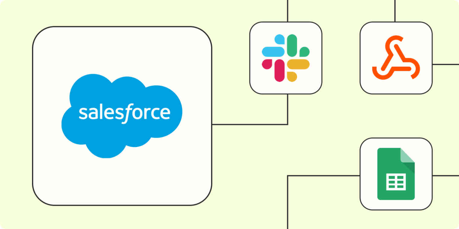 The Salesforce logo in a large white square connected by dotted orange lines to smaller squares containing the logos for Slack, Mailchimp, and Stripe.