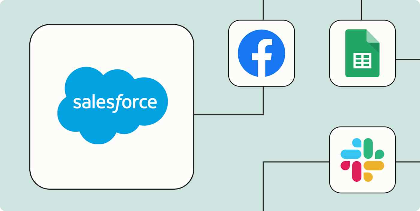 The Salesforce logo in a large white square connected by dotted orange lines to smaller squares containing the logos for Slack, Mailchimp, and Stripe.