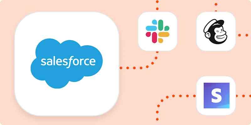 automation-inspiration-00-salesforce-slack-mailchimp-stripe The Salesforce logo in a large white square connected by dotted orange lines to smaller squares containing the logos for Slack, Mailchimp, and Stripe.