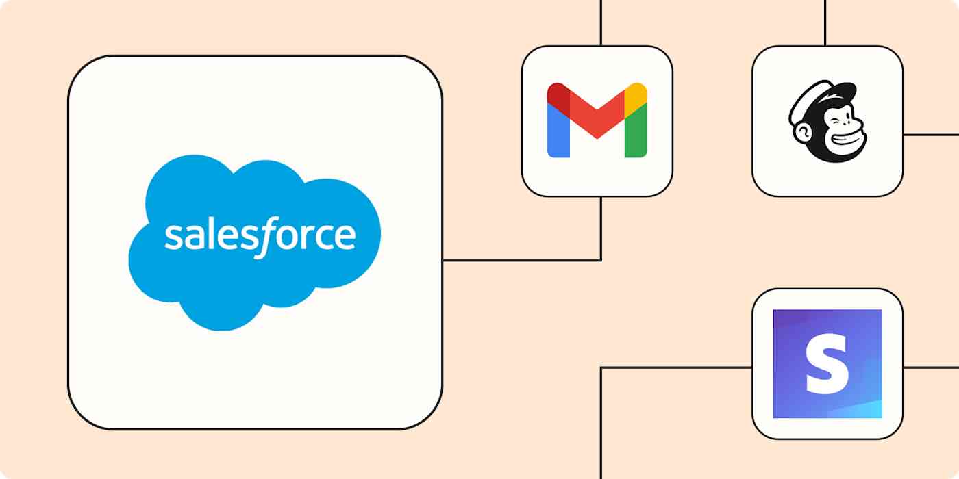 The Salesforce logo in a large white square connected by dotted orange lines to smaller squares containing the logos for Slack, Mailchimp, and Stripe.