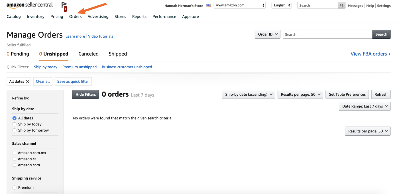 Orders dashboard in Amazon Seller Central