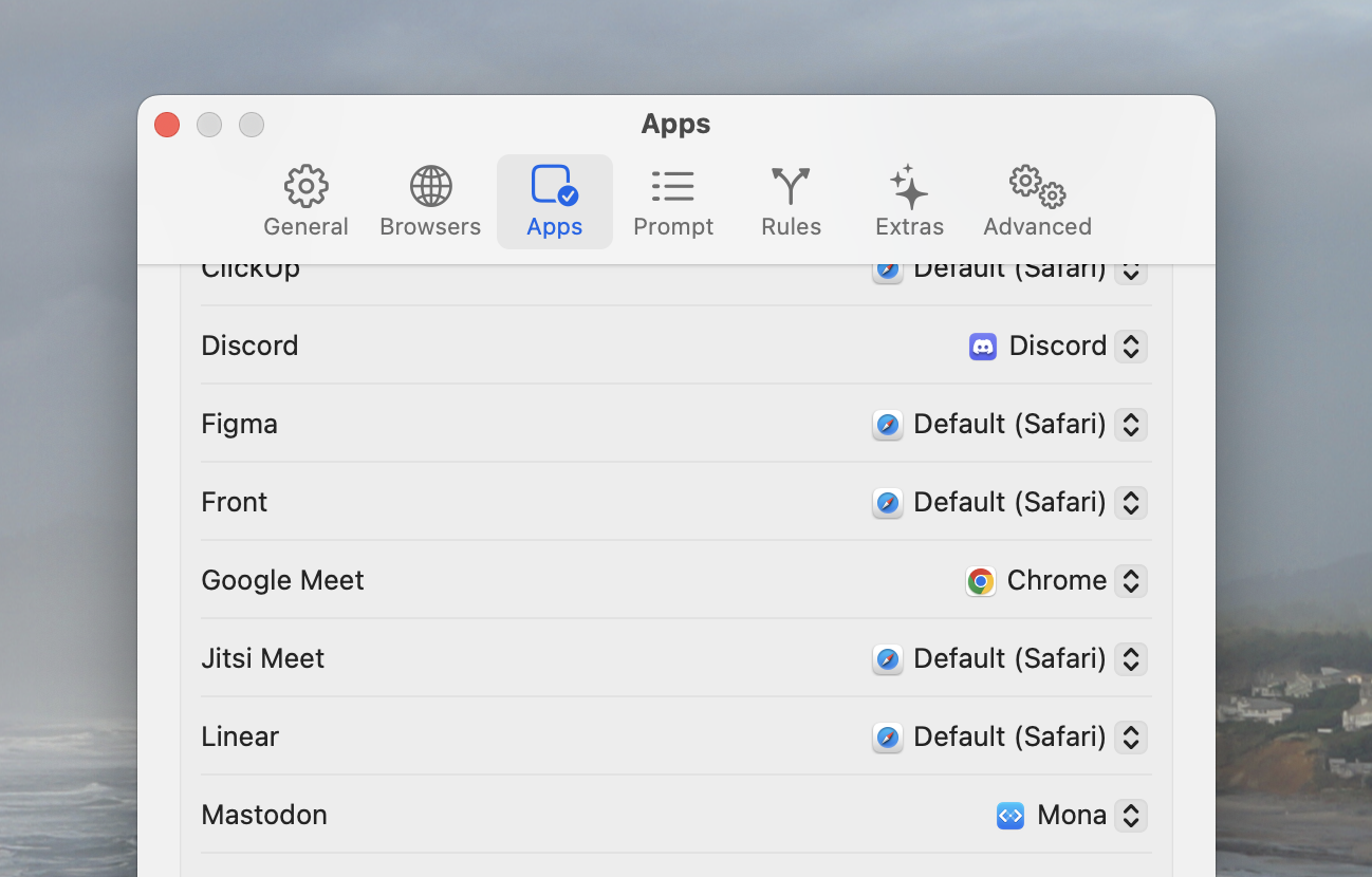 Setting certain apps to open in certain browsers on a Mac