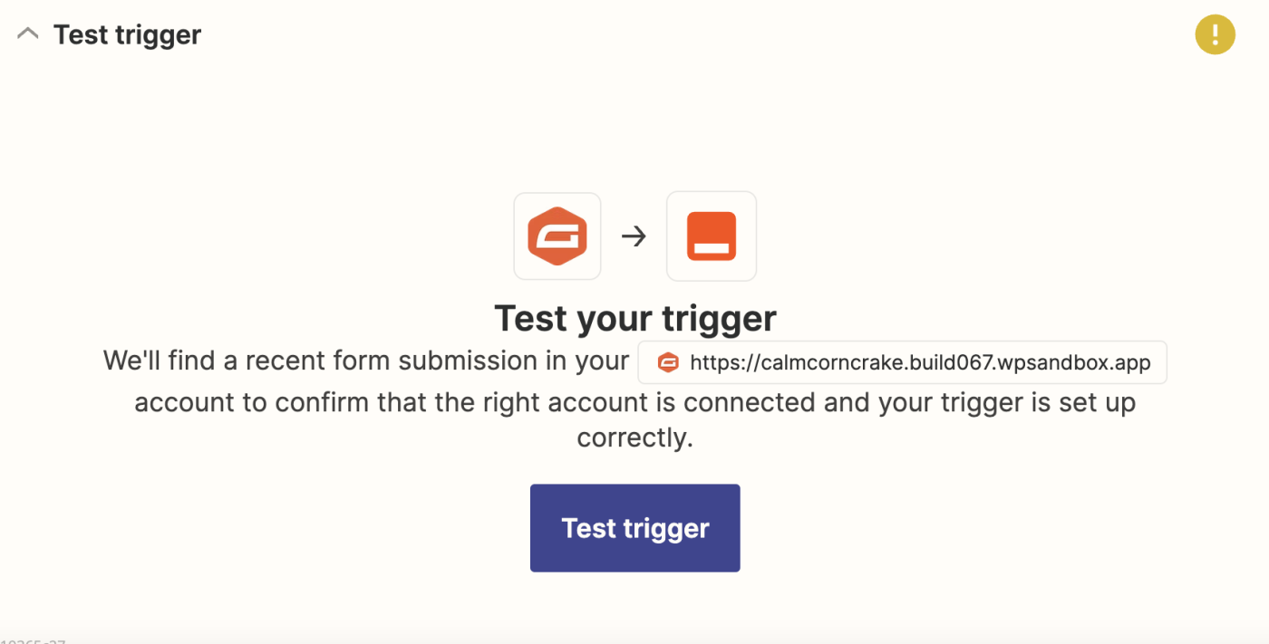 The Gravity Forms app logo connected to the Zapier logo with an arrow above a purple button that reads "Test trigger".