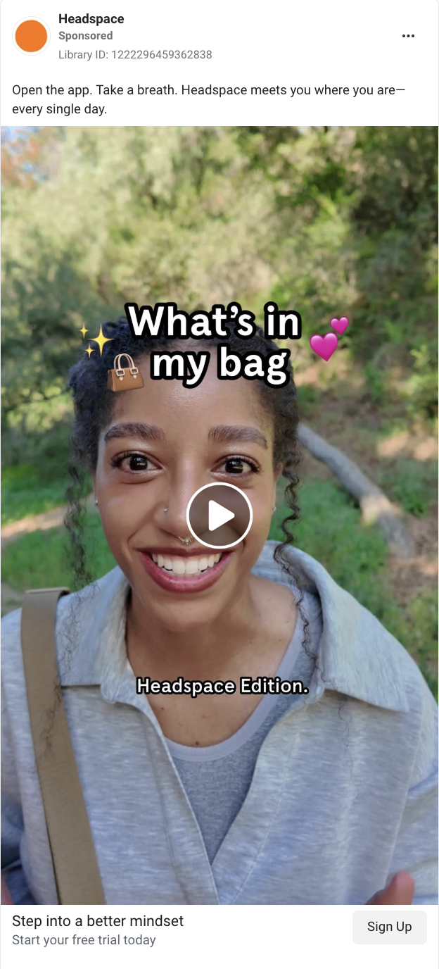 UGC-style video Facebook ad example from Headspace. 
