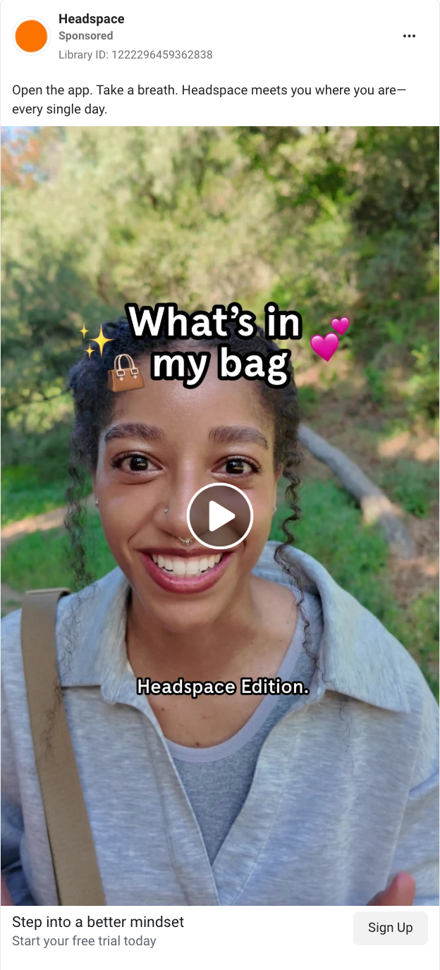 UGC-style video Facebook ad example from Headspace. 