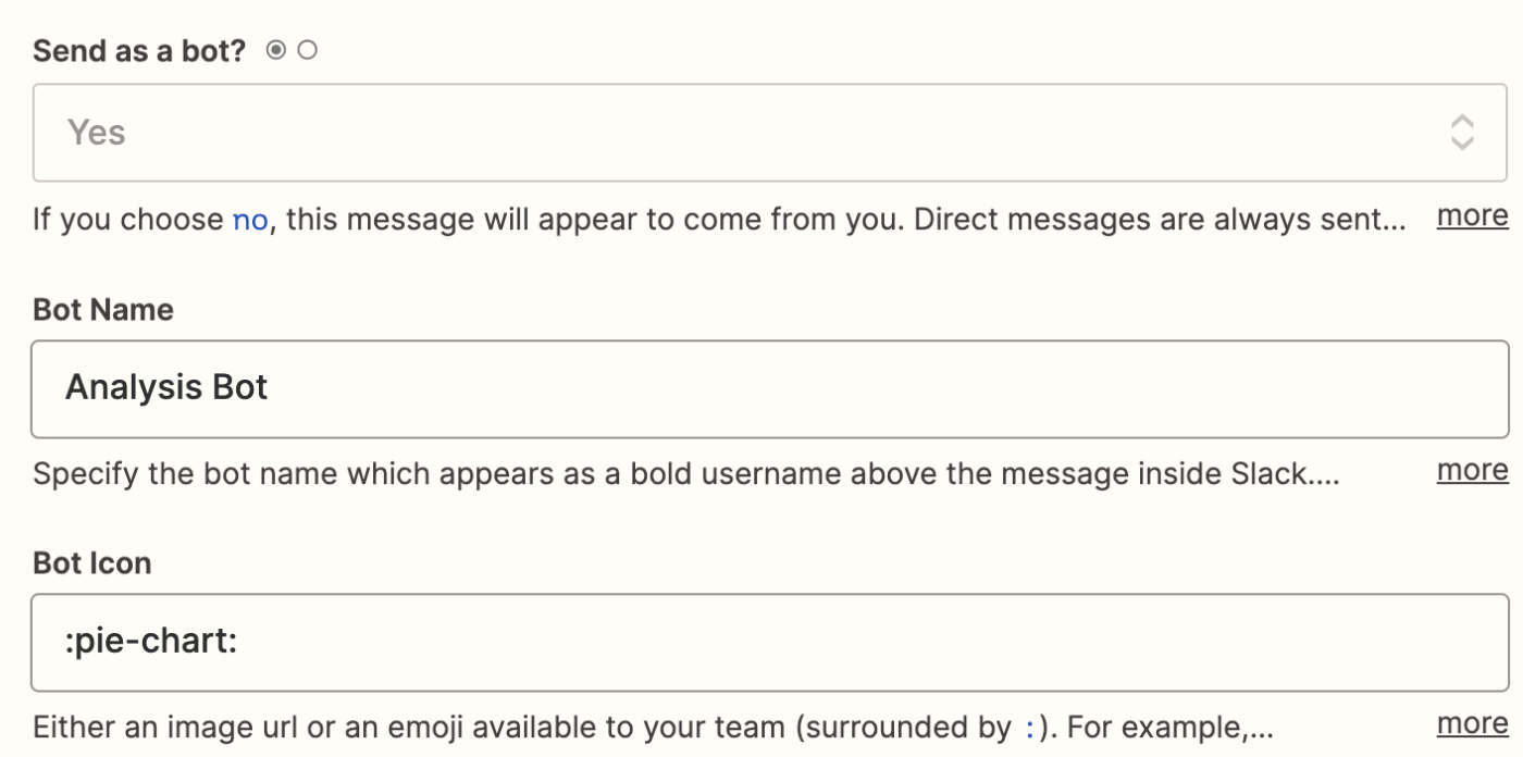 Screenshot of Slack message set up