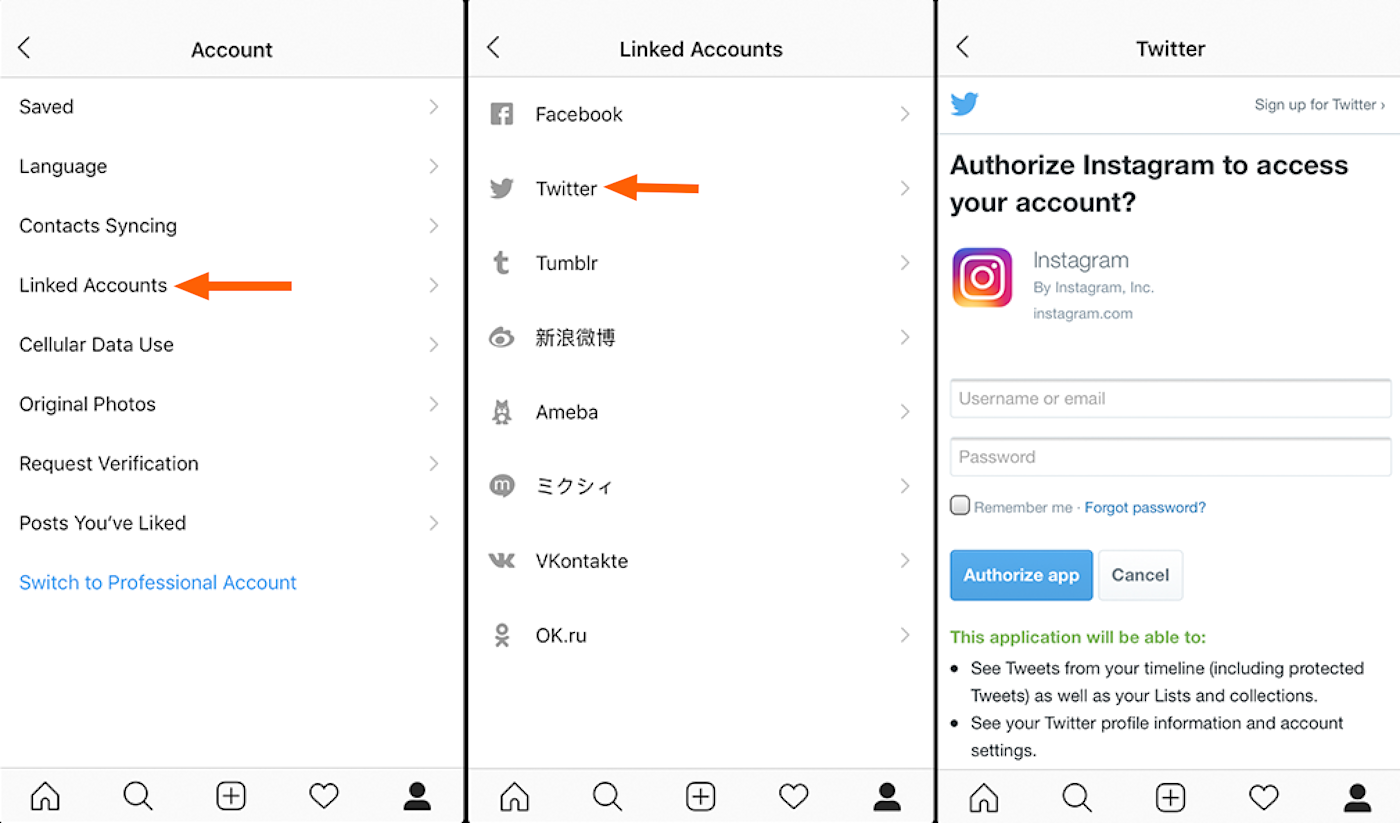 Log into Twitter inside the Instagram app