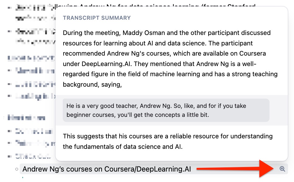 Pop up window with more context for a meeting note generated by Granola.ai.