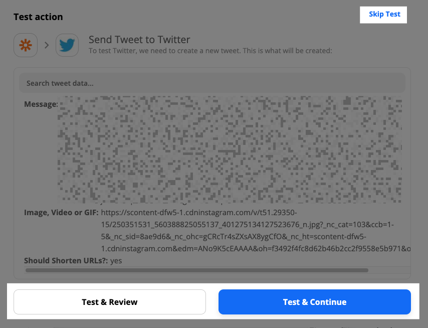 The Test & Continue button for a Twitter action step