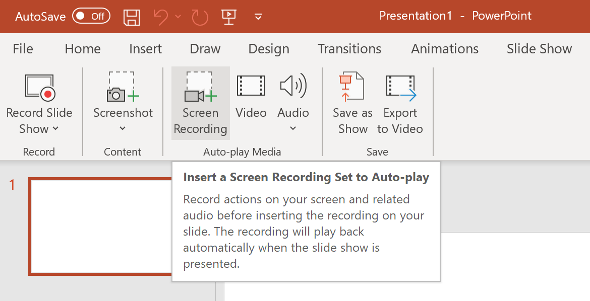 The screen recording option in PowerPoint