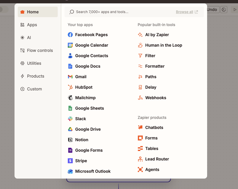 Zapier সম্পাদকে একটি অটোমেশন ধাপের জন্য একটি অ্যাপ নির্বাচন করতে উইন্ডোটির একটি স্ক্রিনশট৷