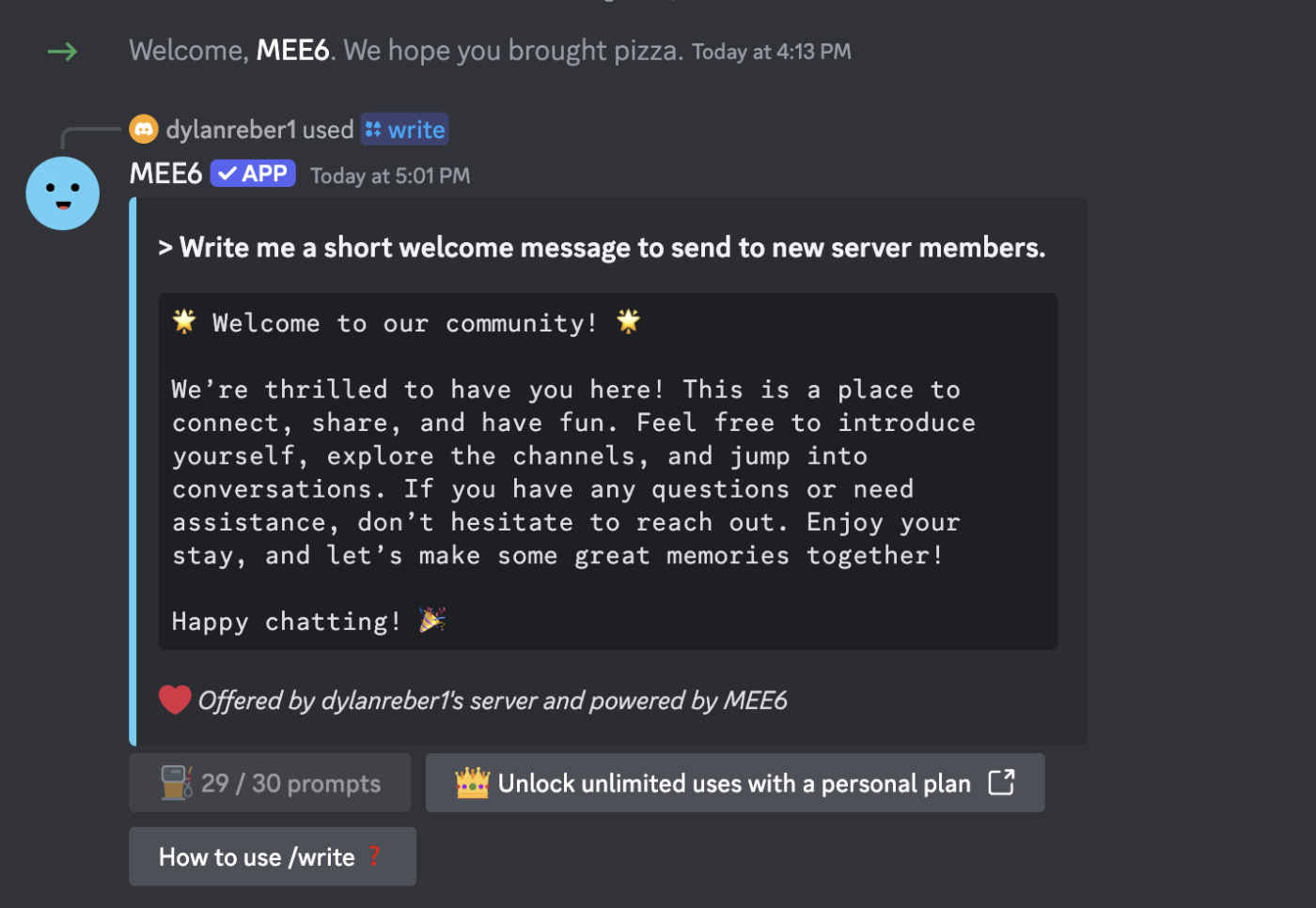 Screenshot showing a Discord bot's command response