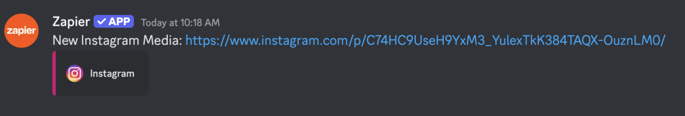 A Discord post that shows "New Instagram Media" with a link to Instagram.