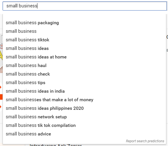 Typing small business in the search bar and multiple search terms autopopulate