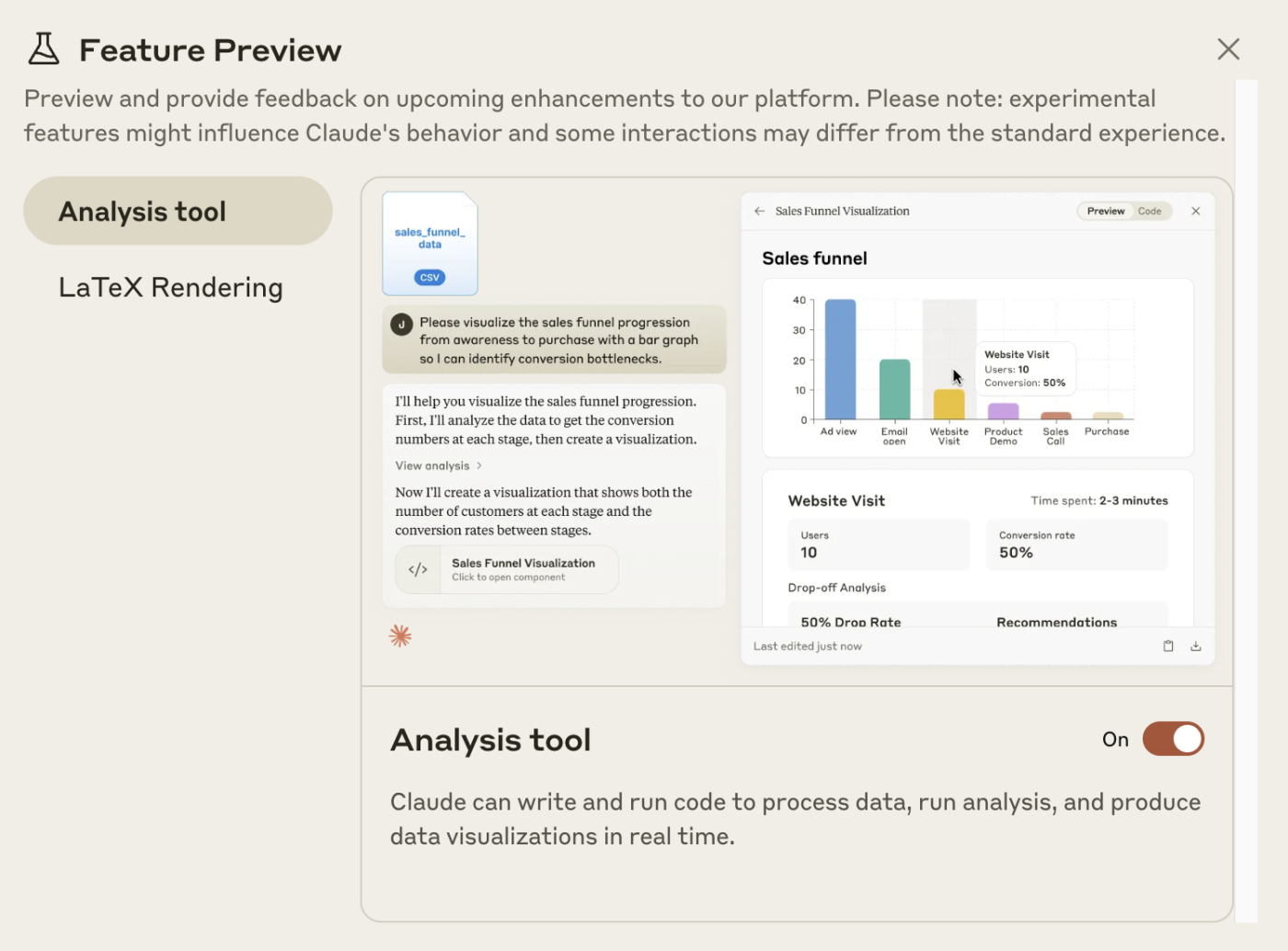 Feature preview window in Claude with the analysis tool feature enabled. 