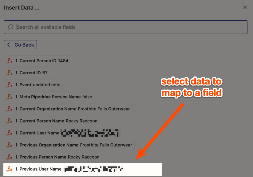 An orange arrow and the test" Select data to map to a field" point to a highlighted data point—previous user name.