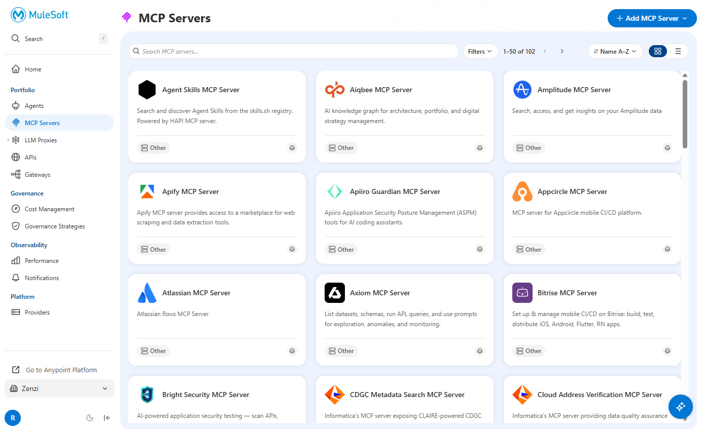 The MCP servers page in MuleSoft