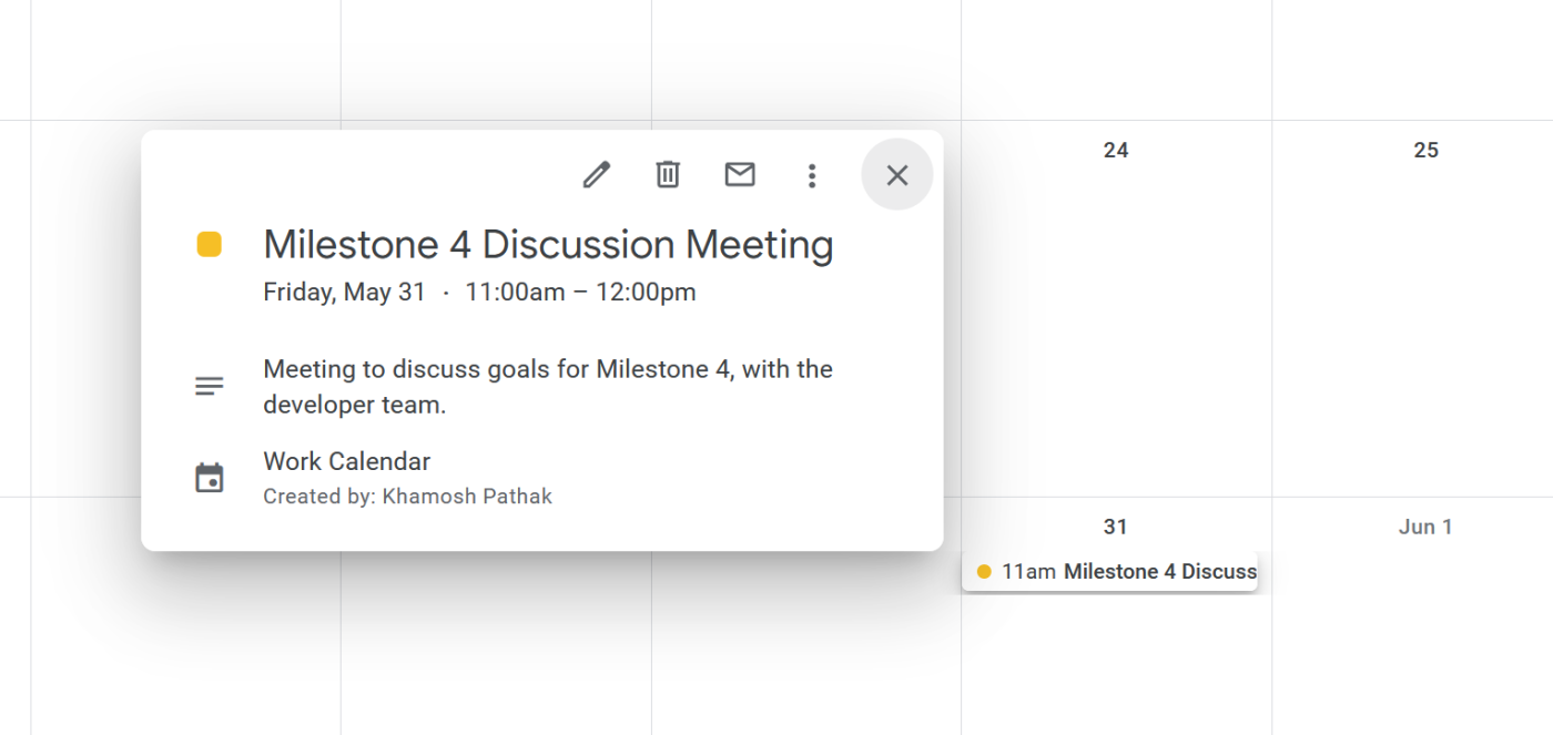 An event in Google Calendar for a Milestone Discussion Meeting.