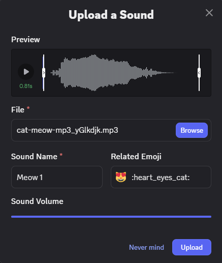 Editing an uploaded Discord soundboard sound. 
