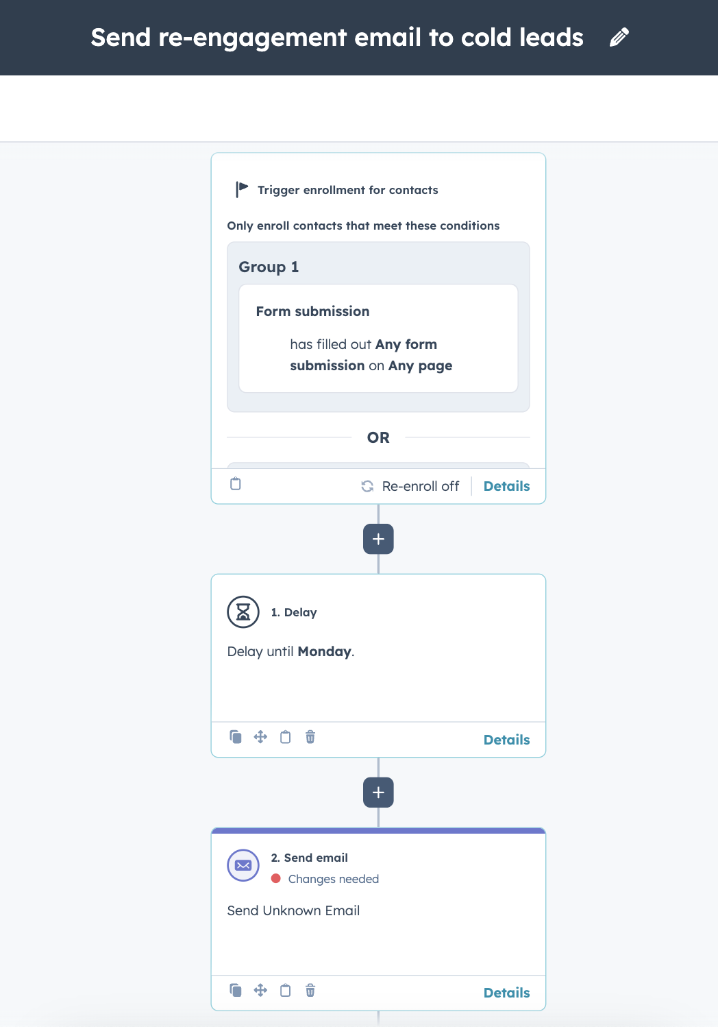 Screenshot of a HubSpot cold lead re-engagement workflow.