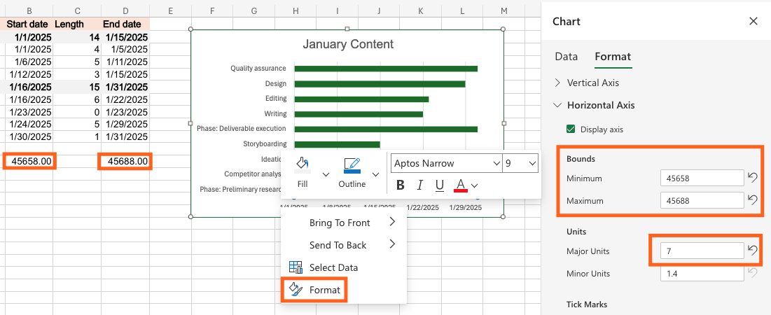 Screenshot of the Excel sheet showing the second step in formatting the bar chart's horizontal axis