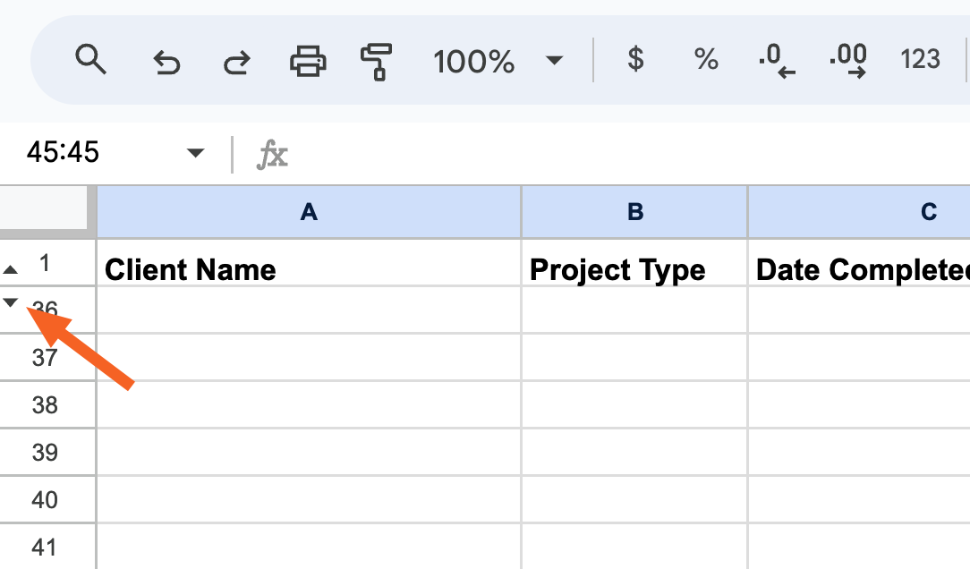 Example of hidden rows in Google Sheets. 