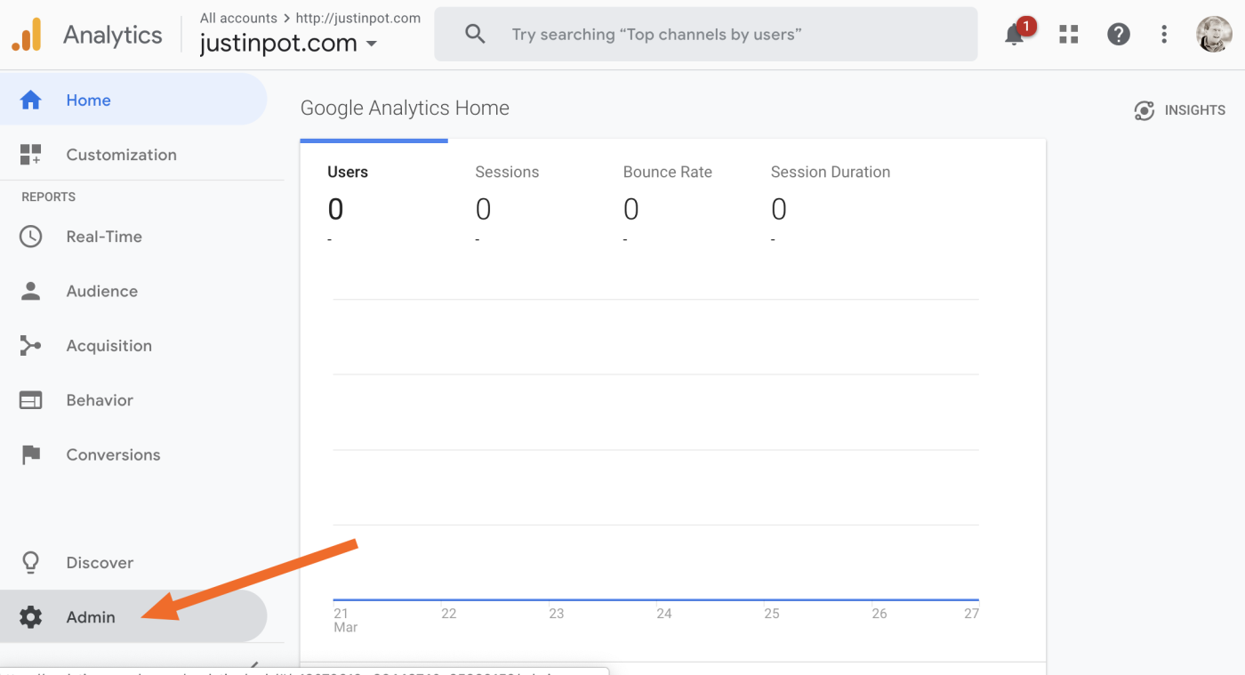 Google Analytics Admin button