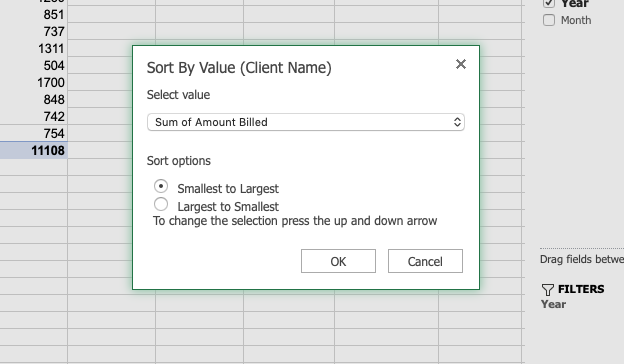 Sort by Value in a pivot table