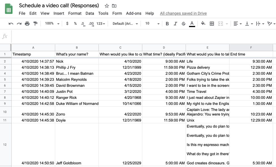 Google Form results in a spreadsheet